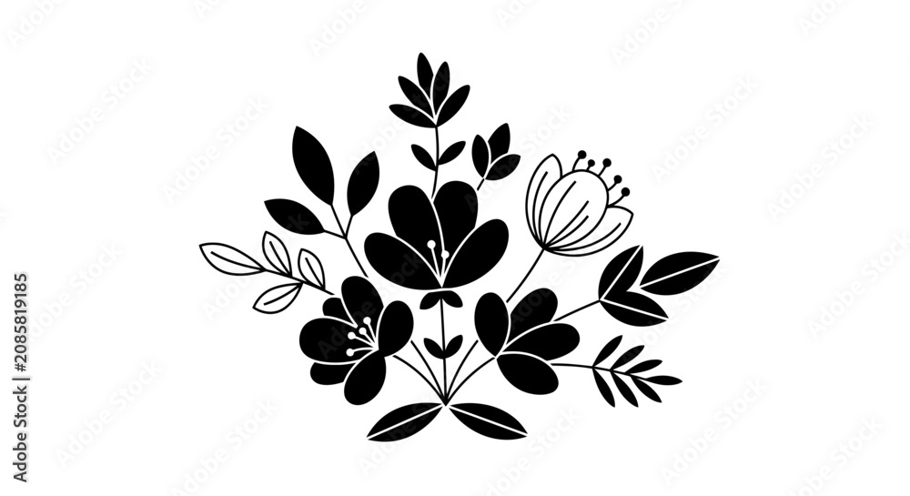 Obraz premium Minimalist Black Floral Corner Design Element, Stylized Botanical Accent, Simple Nature Illustration isolated white background