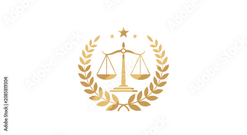 Luxurious Golden Scales of Justice Emblem with Laurel Wreath and Stars, isolated white background.
