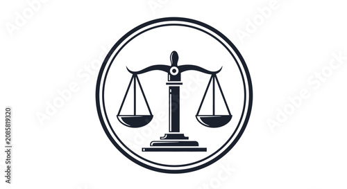 Minimalist Black Outline Scales of Justice Icon in a Circle, isolated white background.