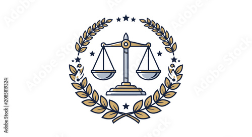 Golden Scales of Justice Emblem with Laurel Wreath and Stars in Classic Style, isolated white background.