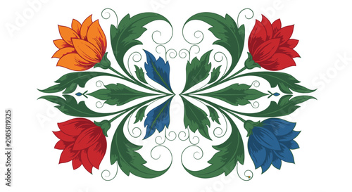 Vibrant Symmetrical Floral Design with Red, Orange, and Blue Flowers and Green Leaves, isolated white background.