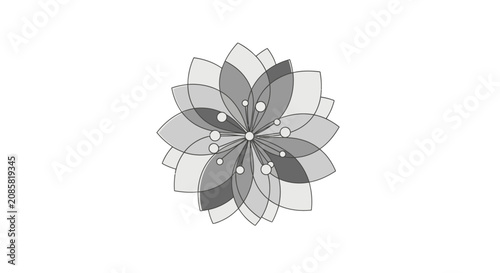 Modern stylized grey floral pattern with delicate petals and small dots, forming an elegant abstract design on an isolated white background.