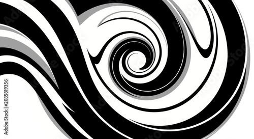 Dynamic abstract black and white swirling pattern with bold curves, creating a psychedelic and visually engaging background texture.