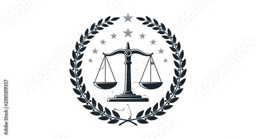 Classic justice scale icon with stars and a laurel wreath, symbolizing law, achievement, and justice within a circular frame on an isolated white background.