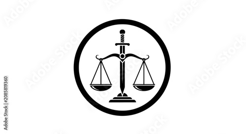 Bold black justice scale icon with a sword, symbolizing law, authority, and enforcement in a circular frame on an isolated white background.