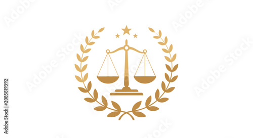 Elegant gold justice scale icon with laurel wreath and stars, symbolizing law, prestige, and achievement on an isolated white background.