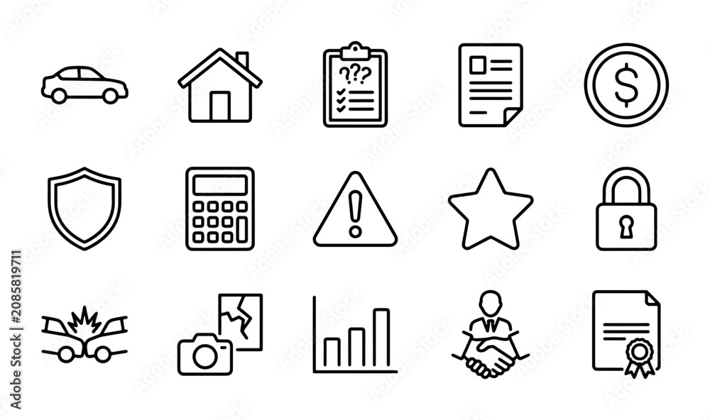 Fototapeta premium Insurance Icons Set: Car, Home, Shield, Risk, Finance, Security, Business Vector Graphics