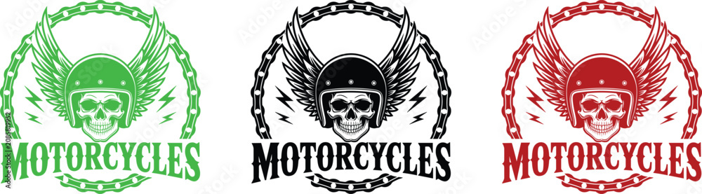 Fototapeta premium Skull with Motorcycle Helmet Wings and Chain Emblem Vector Art illustration
