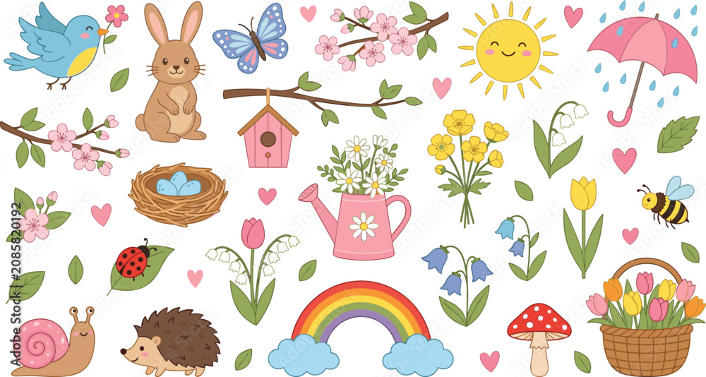 Naklejka premium Cute Spring Clipart Vector Set with Kawaii Animals Flowers Rainbow and Garden Elements for Design
