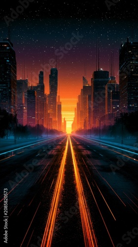 A cityscape at sunset with a road leading towards the horizon