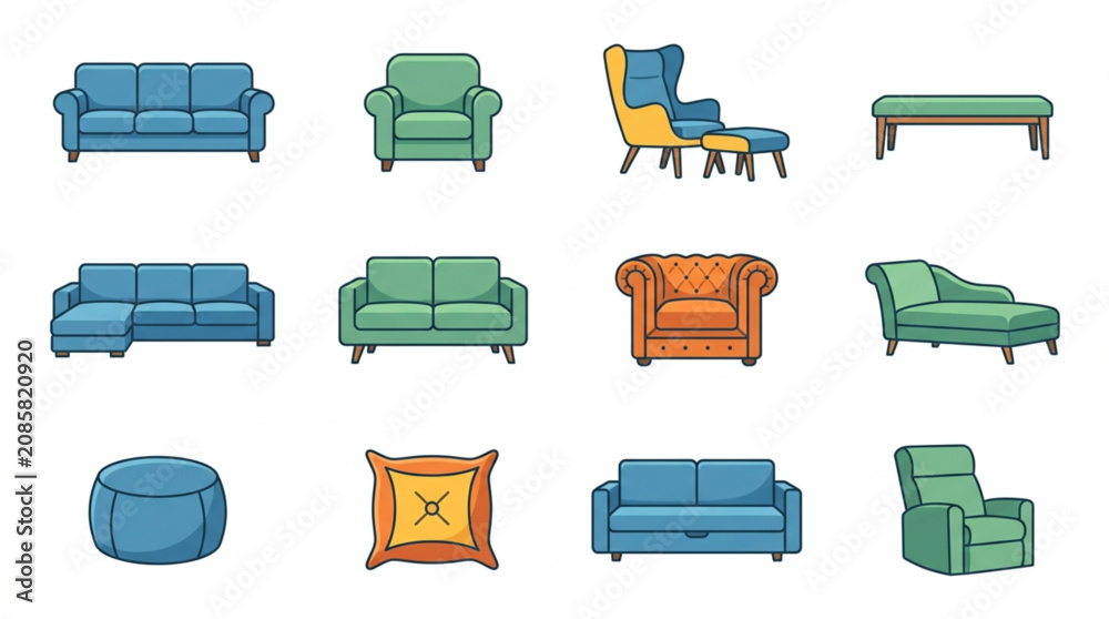 Fototapeta premium Collection of Various Sofas and Armchairs Furniture Icons.