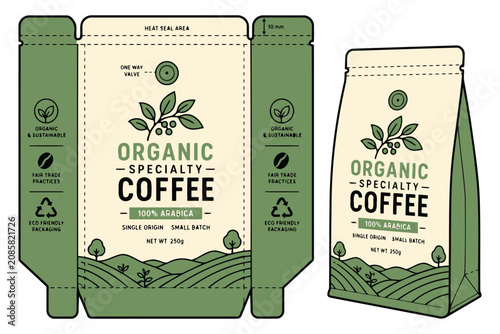 Photography Organic specialty coffee bag packaging design template Vector