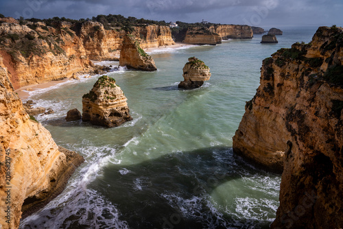 Praia de Marinha Algarve Aerial View Cove Sea Stacks Turquoise Water Sandy Beach Cliff Portugal