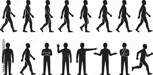Tablou pe pânză Walking and Gesturing Man Silhouette Vector Set Featuring Gait Cycle Frames, Sid