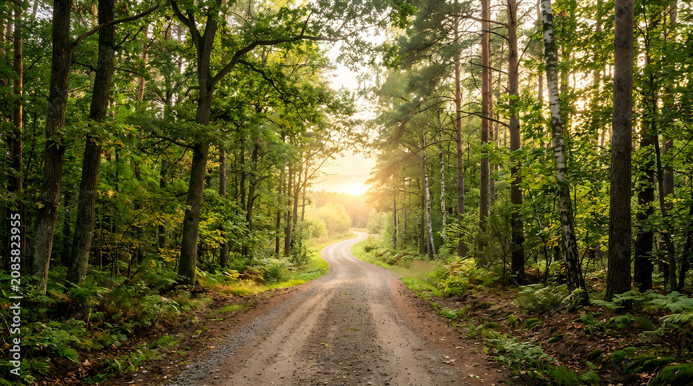 Fototapeta premium Walking along a dirt path through a lush green forest at sunset