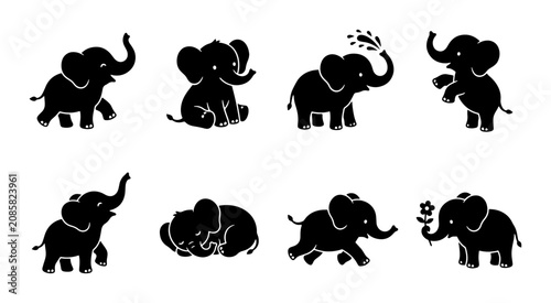 Obraz na plátně Cute Elephant Silhouettes, Baby Elephant Icons, Playful Animal Graphics, African