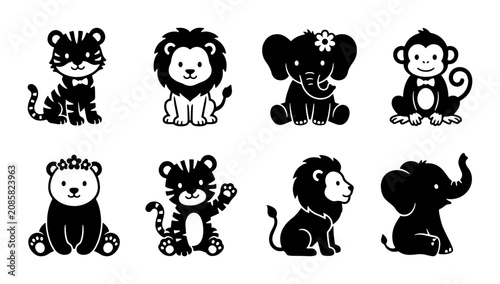 Canvas Print Cute Cartoon Safari Animals Vector Icons, Baby Wildlife Characters Set, Adorable