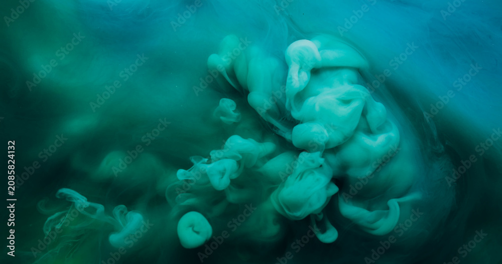 Fototapeta premium Mist blow. Paint mix. Green turquoise haze stream art fluid swirl liquid texture abstract background. Blur flow spill pigment fantasy cloud.