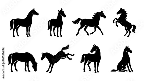 Foto Horse Silhouettes Collection: Galloping, Standing, Rearing Equine Vector Icons