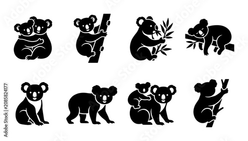 Foto Cute Koala Vector Icons Set, Australian Wildlife Silhouettes, Adorable Marsupial