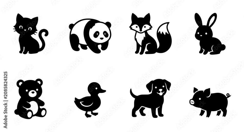 Obraz premium Cute Black Animal Icons Set, Adorable Cartoon Wildlife Silhouettes for Kids and Nature Designs
