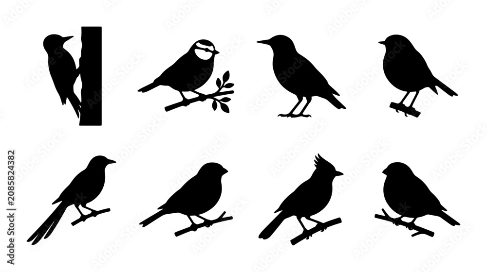 Obraz premium Vector Bird Silhouettes Collection, Nature Wildlife Icons, Ornithology Study Graphics