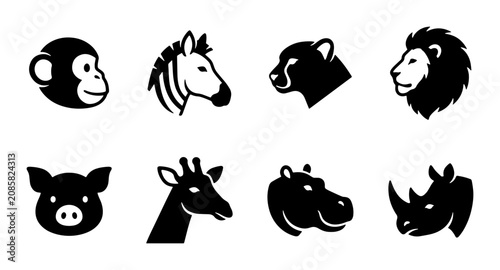 Photography Wild Animal Icons Set, Safari Zoo Mammal Silhouettes, Vector Graphics Collection