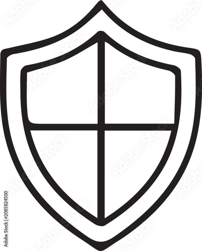 Minimalist shield icon vector, black outline security symbol, hand-drawn style protection emblem for web safety and data privacy