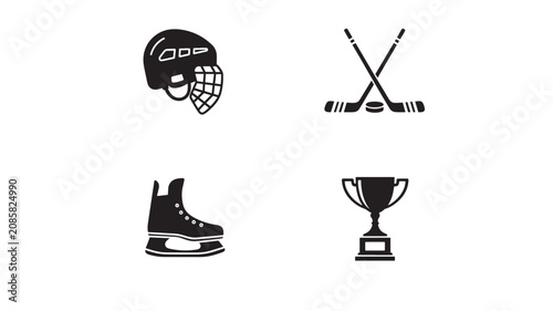 Photography Hockey Equipment Including Helmet, Skates, Sticks, and Trophy Featuring Ice, Spo