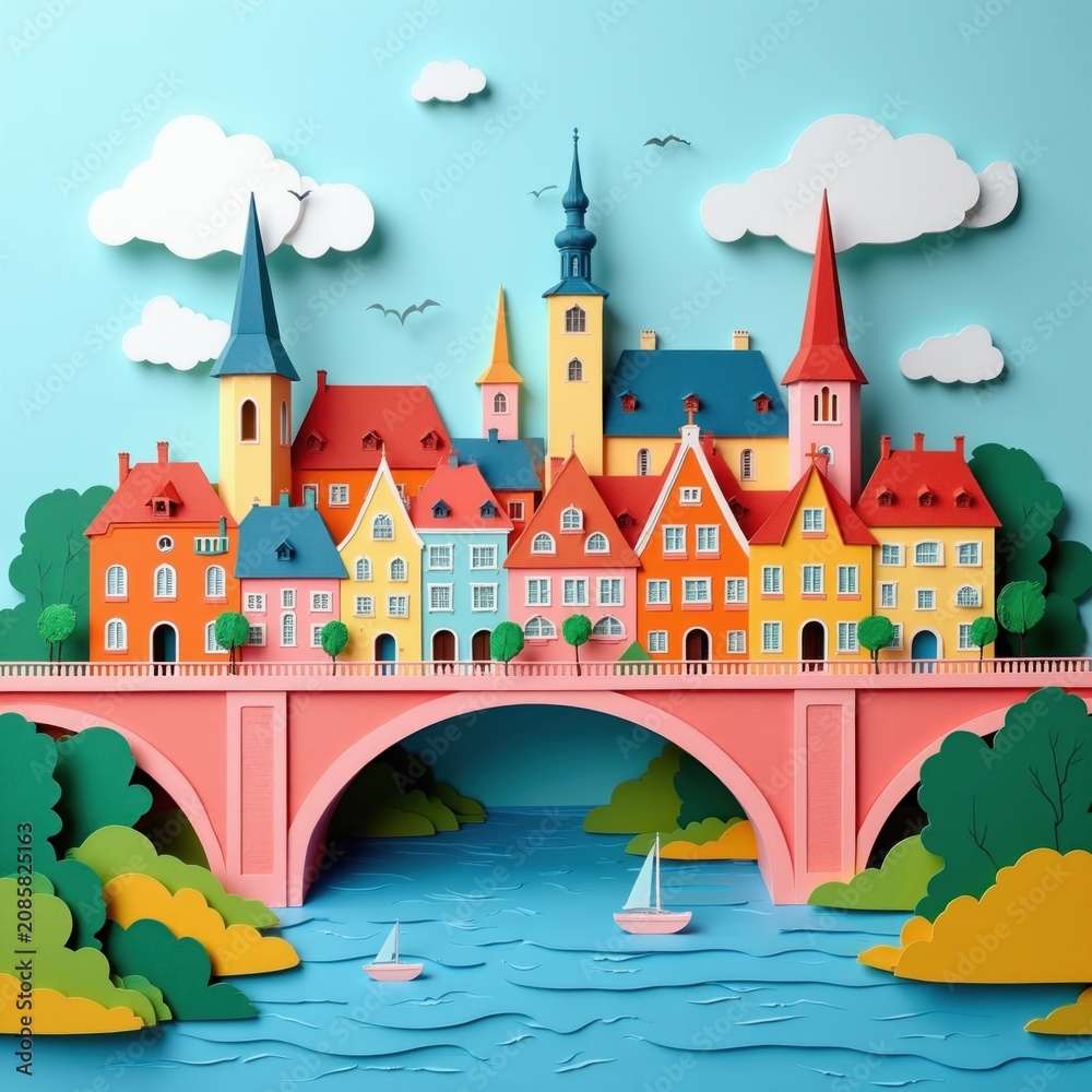 Obraz premium Paper cut illustration shows European town with bridge over river. Colorful buildings with red roofs stand along water. Small boats sail on blue waves under sky with clouds. Green trees frame scenic