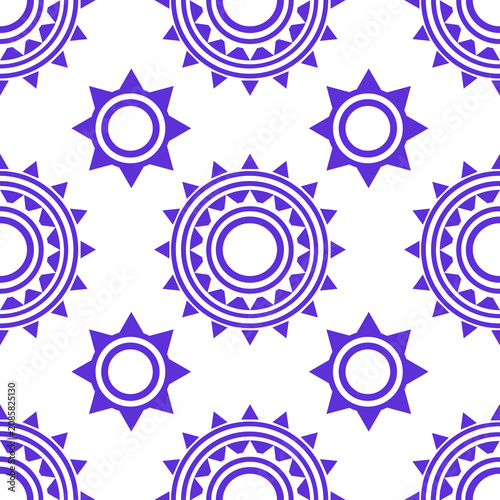 Seamless geometric pattern featuring abstract folk sun and mandala motifs on a white background.