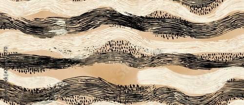 Seamless Abstract Hand-Painted Black and White Brush Pattern on Warm Neutral Paper