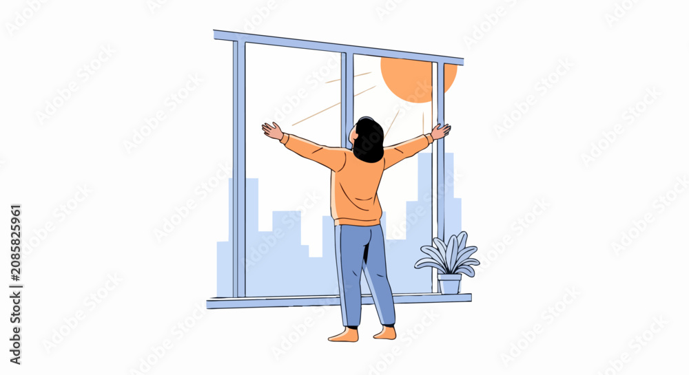 Fototapeta premium Happy Woman with Outstretched Arms Welcoming the Sun at a Large Window. Minimalist Illustration for Wellness, Morning Routine, and New Beginnings Concepts.