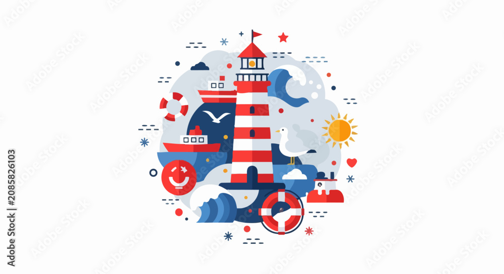 Obraz premium Nautical Flat Design Illustration Featuring a Red and White Lighthouse, Ships, Waves, and Sea Life in a Circular Composition