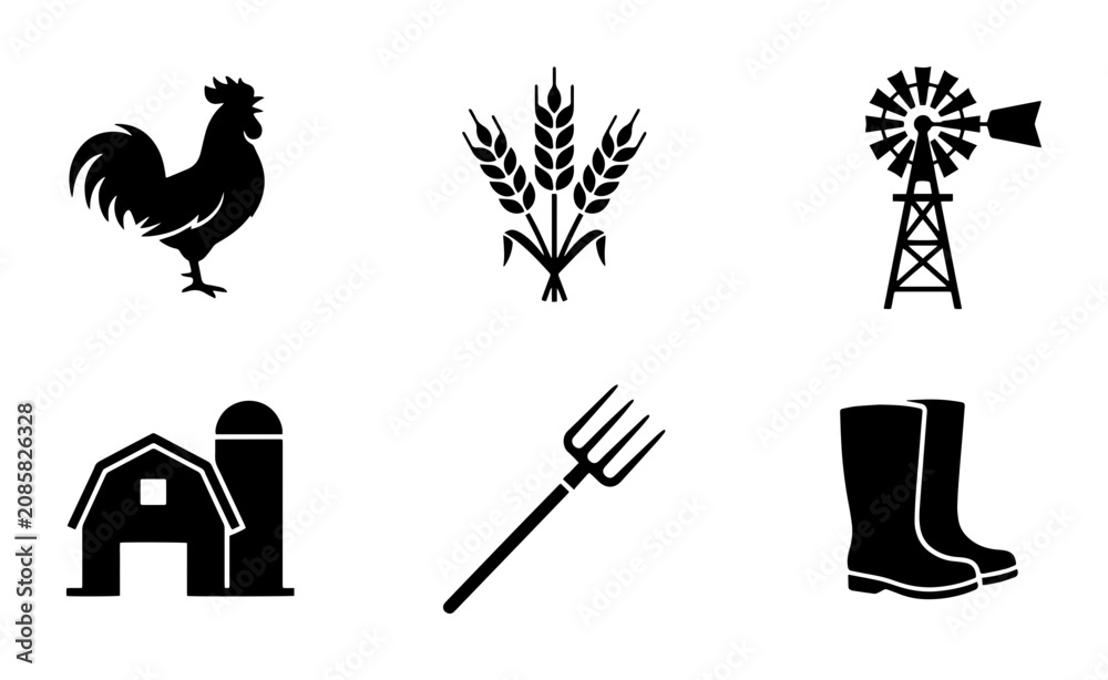 Fototapeta premium Farm Icons Set: Rooster, Wheat, Windmill, Barn, Pitchfork, Boots Vector Graphics
