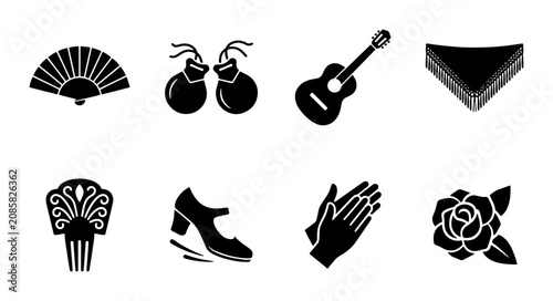 Foto Flamenco Dancer Icons: Fan, Castanets, Guitar, Rose, Shoe, Comb, Clapping Hands