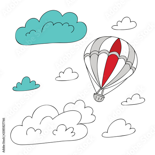 Colorful hot air balloon floating among scattered clouds illustration