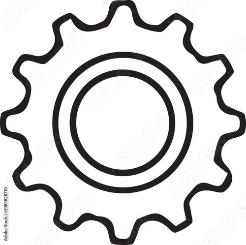 Minimalist gear icon vector, industrial cogwheel line art illustration, mechanical engine part symbol, black and white technical gear graphic