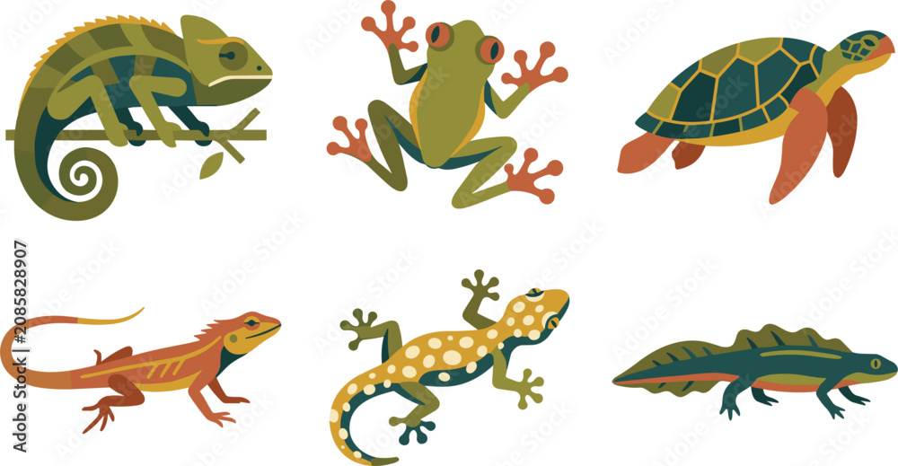 Obraz premium Reptile and Amphibian Vector Illustration Set Featuring Chameleon, Tree Frog, Sea Turtle, Lizard, Gecko, and Newt Icons for Wildlife and Nature Designs