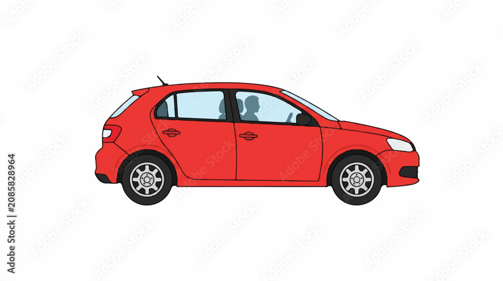 Fototapeta premium Side view of a bright red compact hatchback car with glossy finish and modern design.