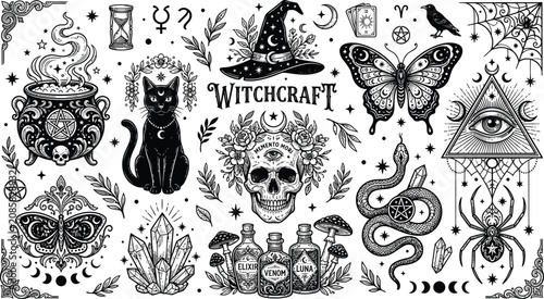 Tableau sur toile Halloween day witchcraft collection black and white mystical elements for occult