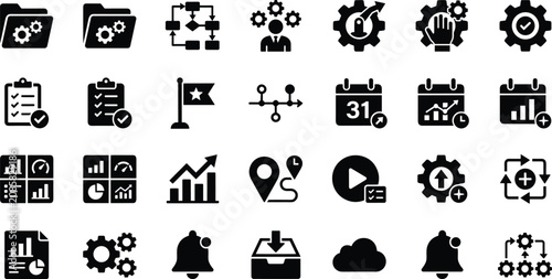 Set of black business and management icons for project planning and workflow optimization featuring gear chart calendar and progress symbols