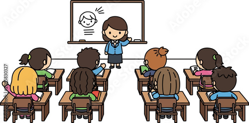 Bild auf Leinwand Charming cartoon teacher instructs attentive students in a bright classroom setting