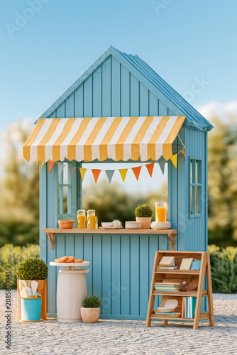 A quaint blue kiosk with a striped awning selling drinks and snacks