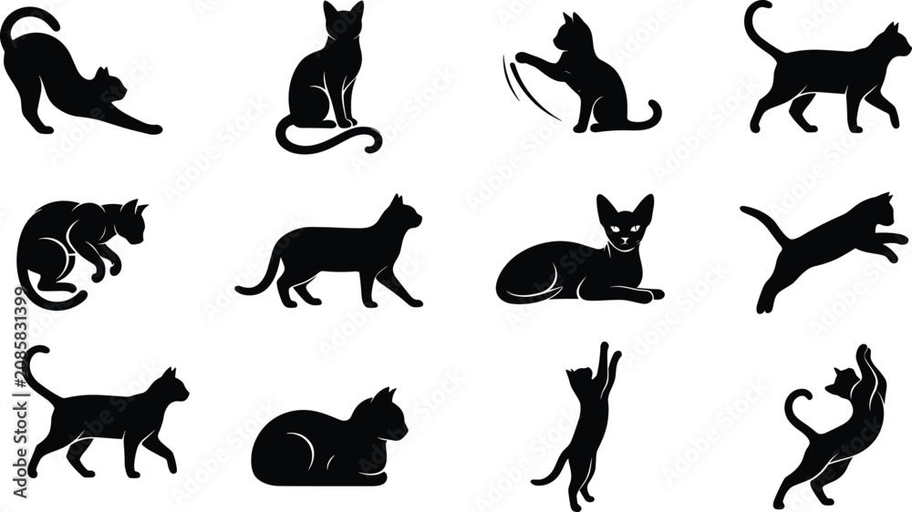 Fototapeta premium Black Cat Silhouette Vector Icon Set with Minimalist Domestic Pet Poses Including Walking Stretching Jumping and Sitting for Graphic Designs