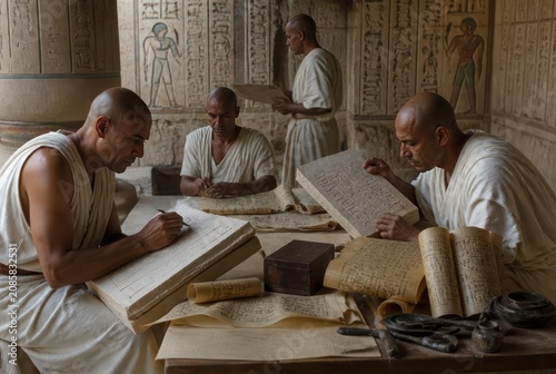 Ancient Egyptian Scribes Studying Hieroglyphs and Scrolls in Temple