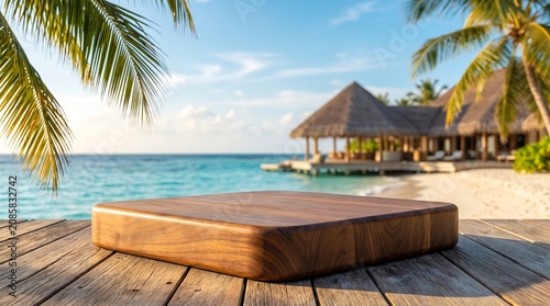 Wooden podium on tropical beach deck with palm trees and ocean background for summer product presentation mockup scene.