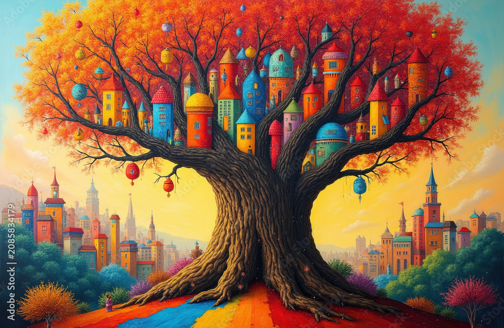Obraz premium Magical tree hosts colorful fantasy houses and lanterns. Buildings grow on branches above a dreamlike city with bright architecture. Fantasy landscape evokes imagination and wonder.