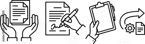 Document audit clipboard and digital workflow optimization icons set, minimalist administrative task graphic elements, delicate hand drawn business contract