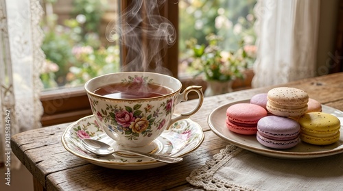 Hot tea in vintage cup with macarons by window garden, cozy morning relaxation